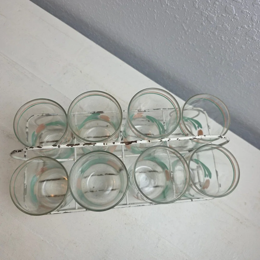 Vintage Libbey Tulip Tumbler Glasses Set of 8 with Metal Cottagecore‎ Carrier